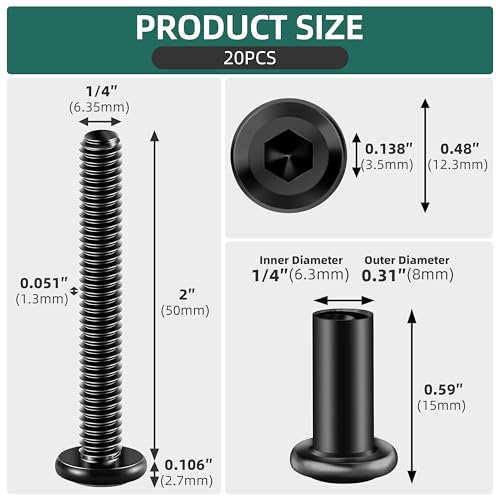 20Pcs 1/4-20 x 2 Flat Socket Head Cap Screws Bolts Barrel Nuts Kit, 304 Stainless Steel 18-8 Furniture Bolts Screws and Nuts, Black Oxided - size: 1/4 x 2"