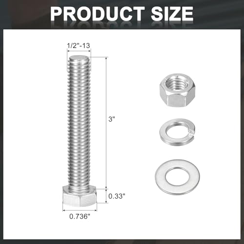 uxcell 20Set Hex Head Screw Bolt, 1/2-13 x 3 304 Stainless Steel Fully Threaded Screw Bolt with Nuts, Flat & Lock Washers, Silver - size: 1/2-13 x 3"