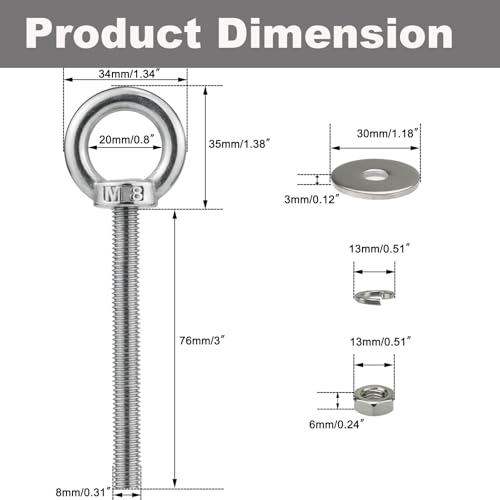 M8 x 76mm Stainless Eye Bolt with Nuts 4 Pack, 5/16" x 3 inch Long Shoulder Lifting Ring Eye Bolt for Boat & Hanging, Heavy Duty Marine Grade Threaded Eyebolts for Swing Tie Down Outdoor - size: M8x76mm (5/16"x3")