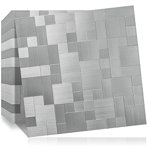 DICOFUN 10-Sheet Peel and Stick on Tile Backsplash Stainless Steel Metal for Kitchen Stove - color: Brushed Aluminum, size: 10 Sheets, 12"x12"x0.12"