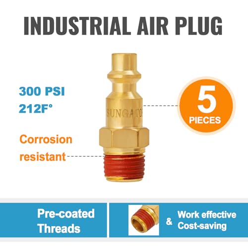 SUNGATOR Brass 1/4 Inch Male Air Plug, 5-Pack NPT Industrial Hose Fittings - size: 1/4'' Male, style: 5 Pack
