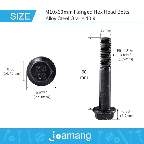 M10 x 60mm 6Pcs Flanged Hex Head Bolts, M10 x 1.5 Bolts, Flange Hexagon Head Screws, 10.9 Grade Alloy Steel, Black Oxide Finish, Metric Machine Threaded, Half Thread - size: M10 x 60mm(6PCS)