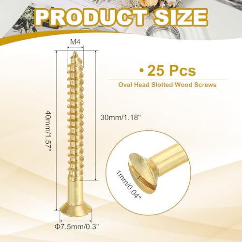PATIKIL M4 x 40mm Slotted Wood Screw, 25 Pack Solid Brass Oval Head - size: M4x40mm