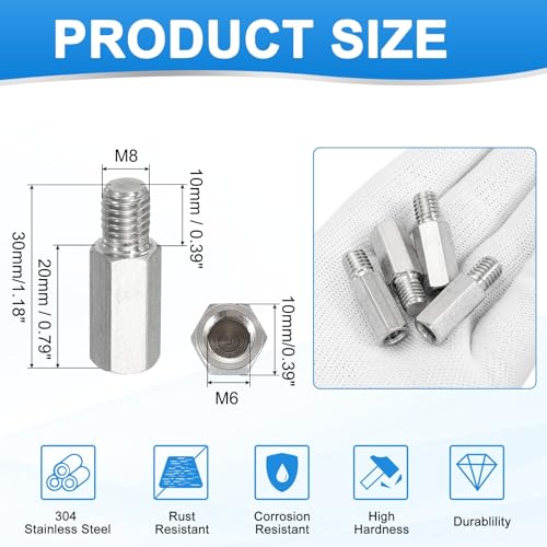 PATIKIL Standoff Screws, 4pcs M8x10mm Male to M6x20mm Female 304 Stainless Steel Thread Reducing Hex Standoff Spacer Screw Nuts Thread Adapters Reducer for PCB Motherboard - size: M8x10mm Male to M6x20mm Female