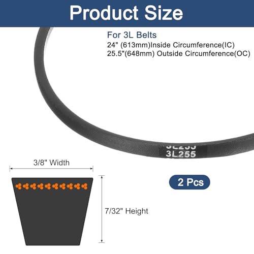 uxcell 2Pcs 3L255 Classic Wrapped Rubber V-Belt, 25.5"(648mm) Outside Circumference, 3L Profile V Belt 3/8" Width 7/32" Height - size: 3L255