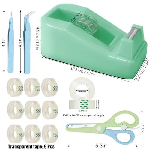 XEUZK Desktop Tape Dispenser Kits with Weighted Nonskid Base Tape Dispenser- Includes 9 Rolls of Transparent Tape(0.71 Inch x 500 inches Each) & Blue Scissors, 2 Pcs Tweezers (Green) - color: Green