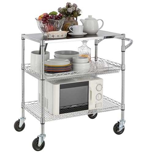 Finnhomy 3 Tier Heavy Duty Commercial Grade Utility Cart with Wood Top, Wire Rolling Cart with Wheels and Handle Bar, Kitchen Carts on Wheels, Metal Cart with 600 LBS Capacity, Chrome - style: 30“L Chrome