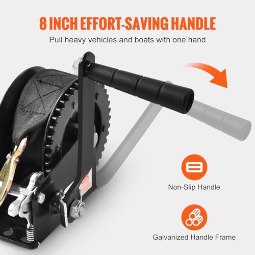 VEVOR Boat Winch,1200 lbs Capacity Hand Boat Trailer Winch Heavy Duty Rope Crank with 23 ft Polyester Strap and Two-Way Ratchet, Manual Operated Hand Crank Winch for Trailer, Boat or ATV Towing