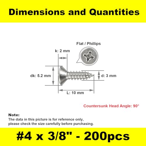 #4 x 3/8" (M3x10mm) 304 Stainless Steel Flat Head Wood Screws, 200pcs - size: #4 x 3/8''-200pcs