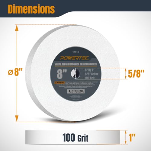 POWERTEC Bench Grinder Wheel 8 Inch 100 Grit, White Aluminum Oxide Grinding Wheel for Bench Pedestal Grinder, 1" Thick 5/8" Arbor, Sharpening & Shaping Drill Bits, Blade, and Chisel 1PK (15513) - size: 100 Grit, 1PK