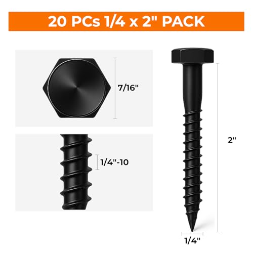 1/4 x 2 Black Lag Bolts, 20 PCs Dacromet-Coated 304 Stainless Wood Lag Screws for Light Outdoor Framing, SS Hex Head - color: Black, size: 1/4 x 2"