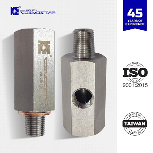 Cosmostar 1/8" BSPT Stainless Steel Oil Pressure Tee Adapter, 1/8 BSPT Female to Male with 1/8 NPT Port, 304 SS Heavy-Duty Fitting for Oil Pressure Gauge, Turbo Feed Line (OPTBS02N02)