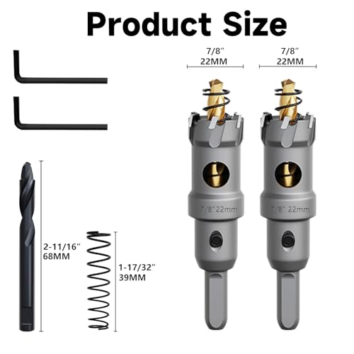 Metal Hole Saw 7/8''(22mm) 2Pcs Set Heavy Duty Tungsten Carbide Tipped Hole Cutters Set with a nitrided Step Drill and L-flench, for Steel Iron,Aluminum,Stainless stell,Plastic - size: 7/8''(22mm)-2PCS