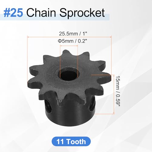 uxcell #25 Chain Roller Sprocket 5mm Bore 25.5mm OD, 11 Tooth C45 Carbon Steel ANSI #25 Roller Sprocket Round Hole with Set Screws for ISO 04C Chain, Black - size: 5mm Bore 25.5mm OD, 11 Tooth