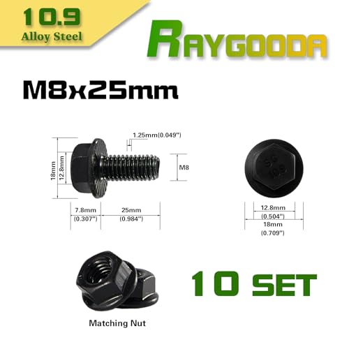 M8-1.25x25mm Flange Bolt and Nut Kit 10set-Grade 10.9 Alloy Steel, Black Zinc, Full Thread, Serrated Self-Locking, Vibration Resistant for Automotive, Machinery & Heavy Duty - size: M8x25mm(10 Sets)