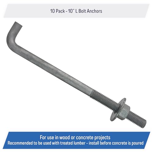 5/8" x 10-inch Galvanized Threaded Anchor Bolts with Hardware for Wood, Concrete (10 Pack)