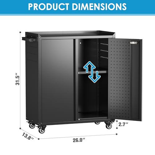 Aobabo 31.5" H Garage Storage Cabinet with Wheels,Lockable Metal Storage Cabinet with 2 Doors for Garage Home Office Storage,Black,Assembly Required - color: Black, size: 13.8"D x 26"W x 31.5"H