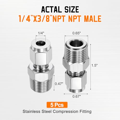 5 Pack 1/4"OD Compression x 3/8" NPT Male Union Coupling Connector - size: 1/4"OD x 3/8" MNPT