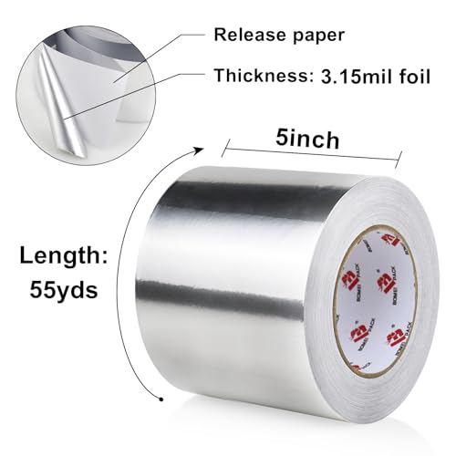 BOMEI PACK Aluminum Foil Tape,Heavy Duty Metal Duct Tape,High Temperature Silver Tape,Perfect for Sealing & Patching,HVAC,Air Ducts,Insulation and Metal Repair (5 Inch x 55 Yards) - size: 5 Inch x 55 Yards