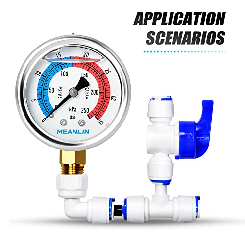 MEANLIN MEASURE 1/4" NPT 0-35psi Pressure Gauge, 2" Dial Glycerine Filled Pool Filter, 304 Stainless Steel Housing, Back Mount, with 1/2" NPT and 3/8" NPT Hex Bushing - size: 0-35Psi/0-250Kpa, style: Center Back Mount