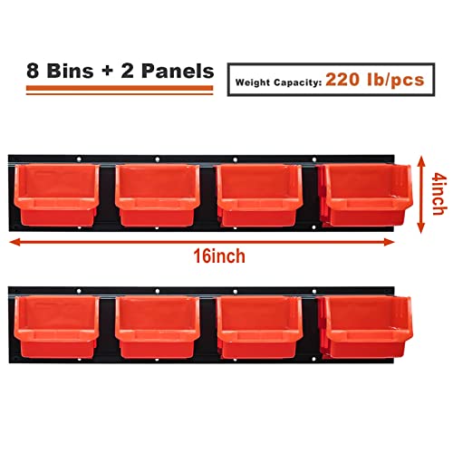 Wallmaster 8-Bin Storage Bins Garage Rack System 2-Tier Orange Tool Organizers Cube Baskets Wall Mount Organizations (Orange) (Pack of 2) - color: Orange, size: 8Bins+2Rails (Pack of 2)