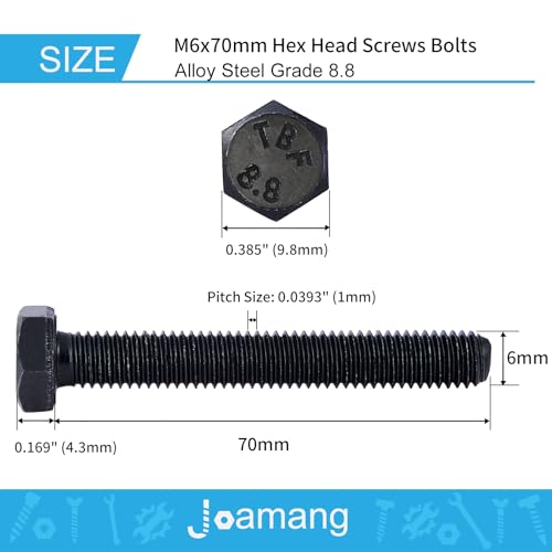 M6 x 70mm 10Pcs Hex Head Screws Bolts, M6 x 1.0 Bolt, 8.8 Grade Alloy Steel, Hexagon Head Screws, Black Oxide Finish, Metric Full Machine Thread - size: M6 x 70mm(10PCS)