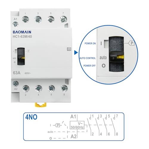 BAOMAIN 220V 4-Pole 63A Manual/Auto AC Contactor, 4NO, DIN Rail Mount