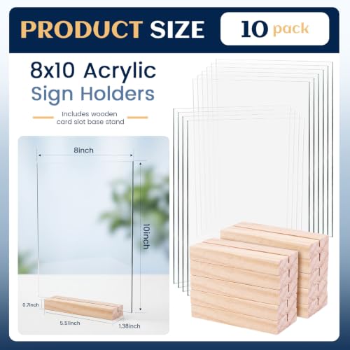 Bercoor 10 Pack 8x10 Inch Blank Clear Acrylic Sign with Wooden Stands, Rectangle Top Acrylic Sheet, DIY Acrylic Rectangle Table Numbers for DIY Name Card Gifts Event Party Sign Decoration - size: 8x10 rectangle