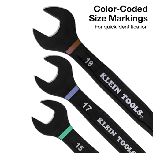 KLEIN TOOLS 69408MG Ratcheting Combination Wrench Set, Metric, 8-Piece, 90-Tooth Ratchet, I-Beam Handle, Color-Coded Size Markings, Roll Pouch Storage