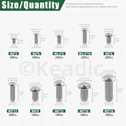Keadic 190Pcs M2 M2.5 M3 M4 M5 304 Stainless Steel Brazier Head Solid Rivet Set, 3mm 5mm 6mm 8mm 10mm 12mm 16mm Solid Rivet Fasteners for Repairing Boats Furniture Automotive