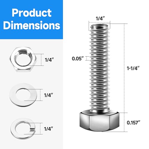 (12 Sets) 1/4-20 Bolt, 1/4-20 x 1-1/4" Hex Head Screws Bolts and Nuts Kit with 1/4-20 Nuts, Flat & Lock Washers, Fully Threaded, 1/4 20 Stainless Steel Bolts, Plain Finish by Marysino - color: (Silver)-1/4, size: 1-1/4"