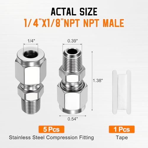 5 Pack 1/4"OD Compression x 1/8" NPT Male Union Coupling Connector - size: 1/4"ODx1/8" MNPT