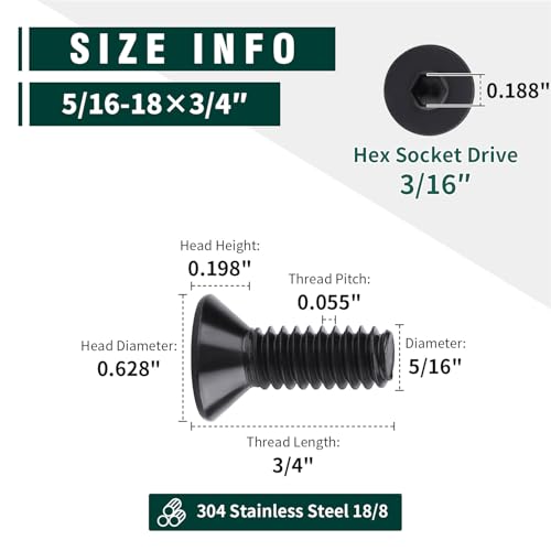 5/16-18 x 3/4" Flat Head Socket Head Cap Screws Black, 304 Stainless Steel 18-8, Black Finish, Countersunk Hex Drive Machine Screws, 12-Pack - size: 5/16-18 x 3/4"