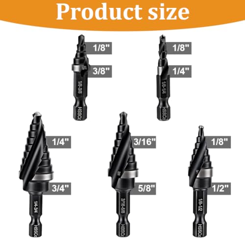 5 PCS HSS 2 Spiral Flute Step Drill Bits 1/8"-3/4" - size: 1/8"-3/4"