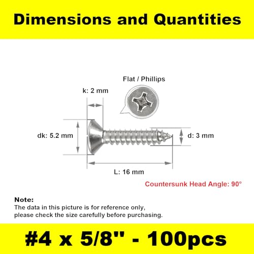 #4 x 5/8" (M3x16mm) 304 Stainless Steel Flat Head Wood Screws, 100pcs - size: #4 x 5/8''-100pcs