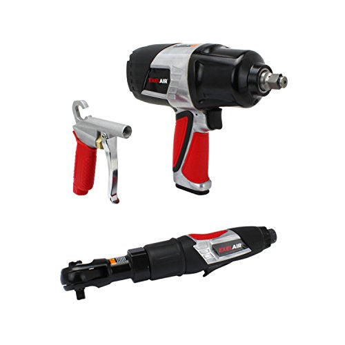EXELAIR™ by Milton (MK3825ATIG) Bundle: Impact Wrench, Air Ratchet, Blow Gun, Tire Inflator Gauge, 25' Cobra Flex Air Hose & Safety Valve Accessories, (14-Piece)
