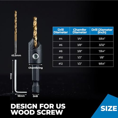 toolant Countersink Drill Bit Set,5Pcs #4 Counter Sink Drill Bit Set for Wood, High-Speed Steel 5 Spare Bits Adjustable for Woodworking and Carpentry, Pilot Screw Hole Set - size: #4, 5 Pieces