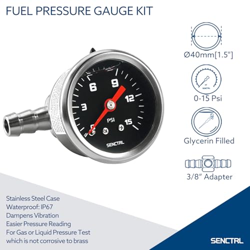 SENCTRL 0-15 PSI Fuel Pressure Gauge Kit with 3/8" Fuel Line Fittings Black - size: 0-15 Psi, style: Back Mount for 3/8 Fuel line (Black dial) (Stainless Steel adapter kit)