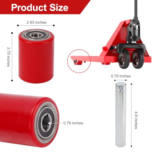 Two Packs of Pallet Jack/Truck Wheels 3” x 3.75” PU Poly Tread, 20mm ID Bearings, Full Set with Axles, Pins and Entry Exit Roller - color: Red