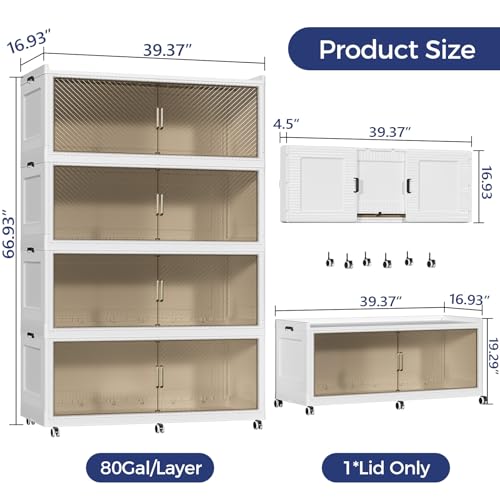 320GAL Extra Large Storage Bins with Lid, 1280QT Collapsible Organizer with Wheels, Stackable Closet Cabinet with Doors, Folding Storage Containers for Home, Office, Kitchen, 3Pack White - color: White Brown, size: 80Gal-4Pack
