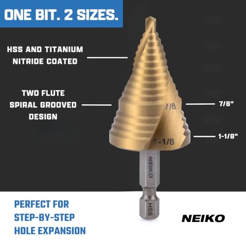 NEIKO 10629A Step Drill Bit, 2 Steps 7/8" to 1-1/8" Spiral High Speed Steel, Titanium Nitride Coated, 1/4" Quick Change Step Bits for Steel, Metal, Wood, Plastic, Unibit Cone Drill Bits, Two Flute - size: #9 (7/8 - 1-1/8", 2S), style: Spiral