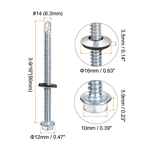 uxcell #14 x 3-9/16" Self Drilling Screws with Rubber Washer, 100pcs Zinc Plated Steel Roofing Screws Hex Head Self Tapping Screws with EPDM Washer for Metal to Metal - size: #14 x 3-9/16"