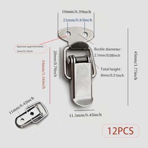 12 Pcs Silver Stainless Steel Small Spring Toggle Lock Clasp Hasp Latch with Screws, Metal Toggle Latch for Securing Boxes and Containers, Wooden Case, Jewelry Box