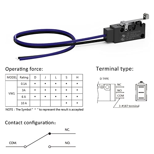 Hinge Roller Lever Waterproof Momentary Push Button Micro Limit Switch with Line 1NO Snap Action Mini Switches 2 Pins 1 Pc for Arduino, Appliance and Electronic Equipment - color: Hinge Roller Lever 2 Pin