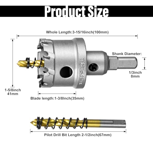 SALI 1-5/8" (41mm) TCT Hole Saw Kit Tungsten Carbide Tipped Hole Saw Drill Bit with Titanium-Plated Pilot Drill bit for Metal, Stainless Steel, Iron, Wood, Plastic - size: 1-5/8"