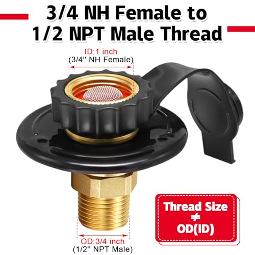 RV City Water Inlet with Check Valve, 3/4 NH Female to 1/2 NPT Male Black Flange RV Fresh Water Inlet, Lead-free Brass RV Water Connection Inlet with Dust Plug for RV Camper Motorhome Trailer Marine - color: Black Small Flange