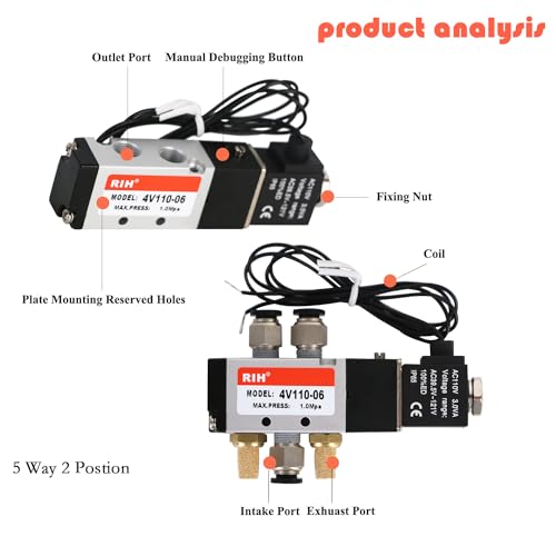 RIH Pneumatics Solenoid Valve 4V110-06 12V/24V/110V Series Single Coil Pilot-Operated Electric 2 Position 5 Way Connection Type (AC110V/Out of line, 1/8"NPT) - size: AC110V/Out of line, style: 1/8"NPT