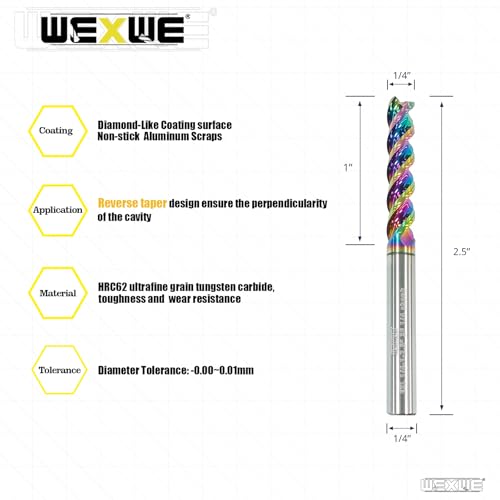 Tools 1/4” Extra Long Carbide Square End Mill for Aluminum, Copper Alloy, Plastic, 2.5" Overall Length End Mill Bits, 3 Flute HRC 62 Deg DLC Coating, CNC Router Bits 1/4 Shank (1/4-2.5" 2PCS) - size: DLC EXL 1/4-2.5" 2PC