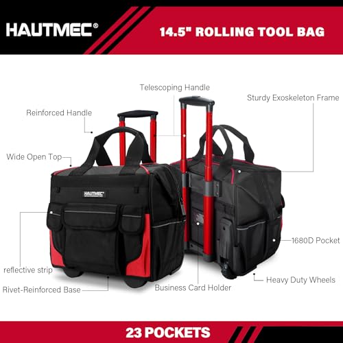 HAUTMEC Heavy-Duty Rolling Tool Bag with Wheels, 15" Wide-Mouth Tool Organizer with Telescoping Handle, 25 Pockets, Oversized Off-Road Wheels for Electricians, Plumbers & Contractors – HTTBM25005 - color: 15-Inch | Red