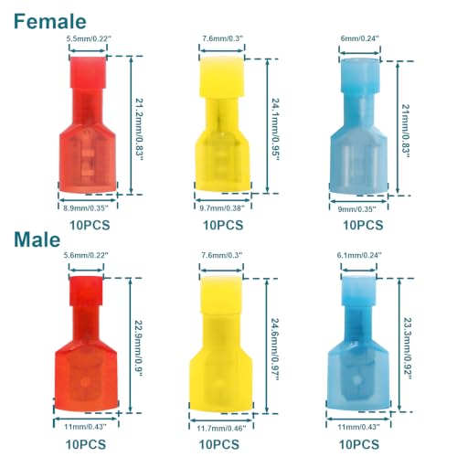 60PCS Spade Connectors, 22-10AWG Spade Terminal, Female and Male - size: 22-10AWG (Kit-60PCS)